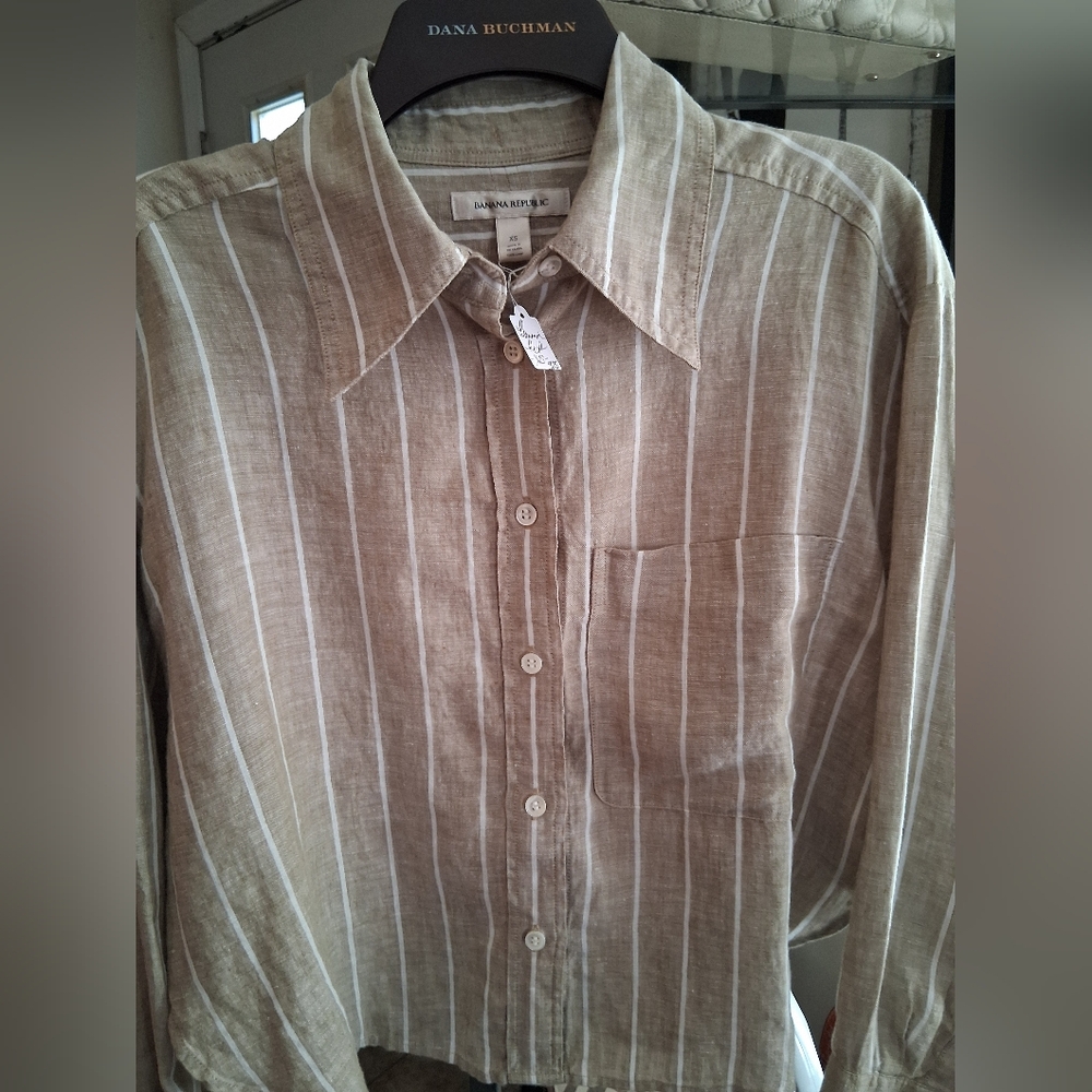 100% Linen Biege Womans  Striped Shirt